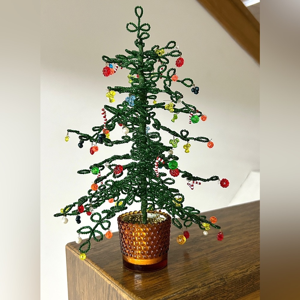 1940s Vintage Bendable Wire Bead Craft Hobnail Glass Potted Decorative Tree